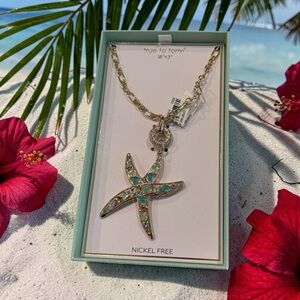 Gold Starfish Pendant Necklace with Turquoise Stones